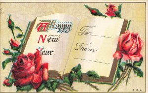 Vintage Embossed New Year Postcard with Roses and Open Book Design