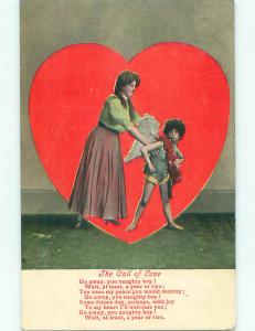 Pre-Linen valentine WOMAN CHASES AWAY CUPID THE NAUGHTY BOY k9931