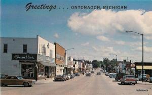1960s Chrome Street Scene Ontonagon Michigan autos Wyman postcard 7689