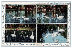 Winona Lake Indiana Postcard Winona's Happy Family Multiview Swan c1950 Vintage