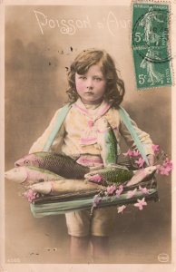 Vintage Postcard  1911 Little Girl Curly Short Hair Fishes Poisson D' Eau France