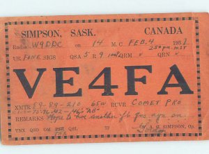 1930s QSL RADIO CARD Simpson - Between Regina & Saskatoon Saskatchewan SK AH3231