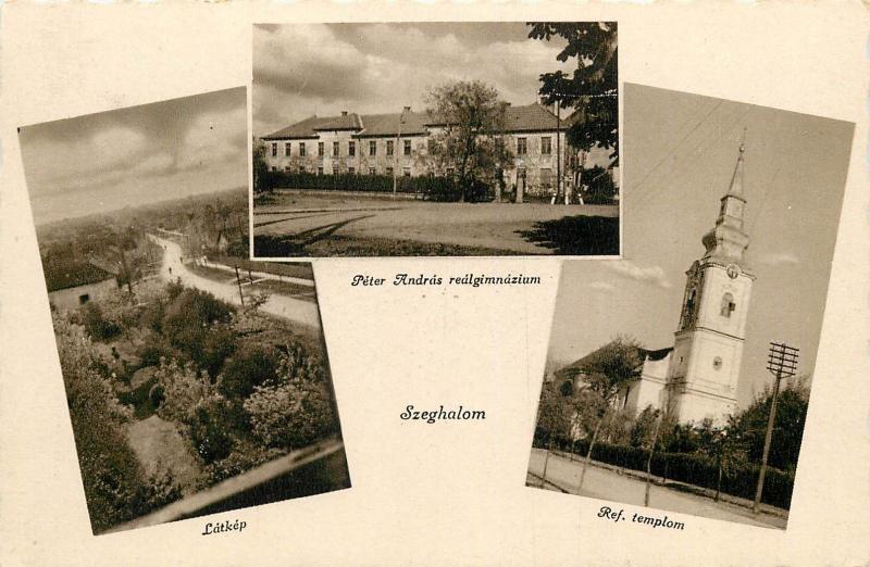 Szeghalom Peter Andras School Church & panorama 1940s postcard