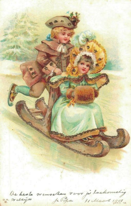 Romantic Couple on a Sled Vintage Postcard 02.48