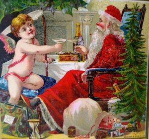 Santa Claus Cherub Angel Drinking Champagne Label Christmas 1890s Kruger & Braun