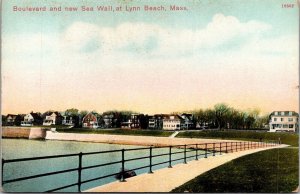 Boulevard and New Sea Wall, Lynn Beach MA Vintage Postcard R68