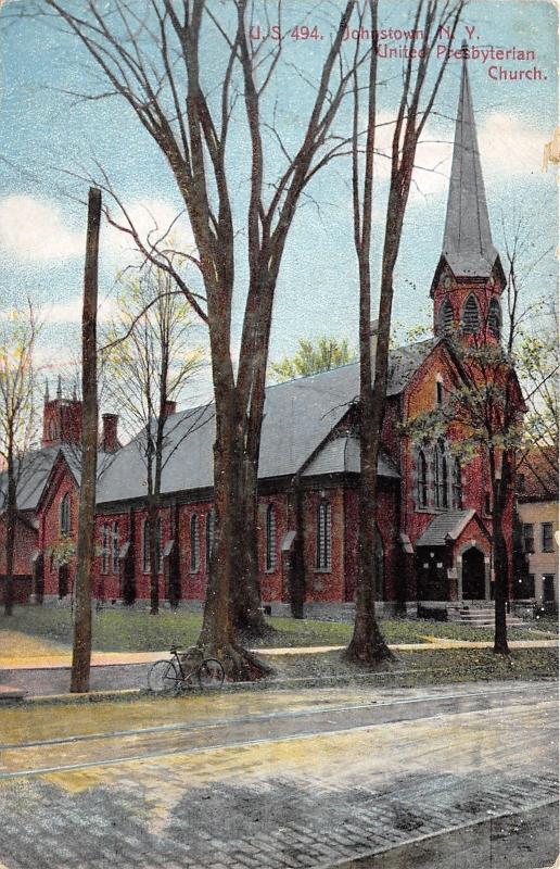Johnstown New York~United Presbyterian Church~Bicycle Parked by Street~c1910 PC