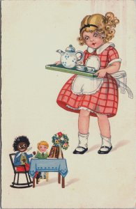 Girl Playing Tea Party With Her Dolls Vintage Postcard C179