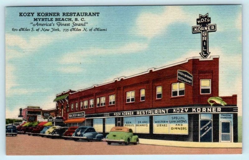 MYRTLE BEACH, South Carolina SC ~ Roadside KOZY KORNER RESTAURANT 1940s Postcard