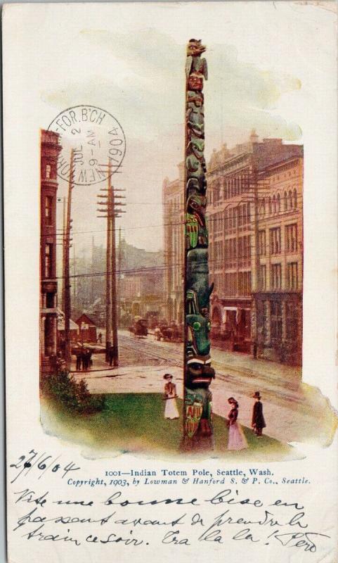 Indian Totem Pole Seattle WA Indigenous Carving 1904 Lowman Hanford Postcard E42