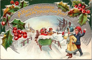 A Merry Christmas Happy New Year Sleigh Holly Children Series Back Postcard DB