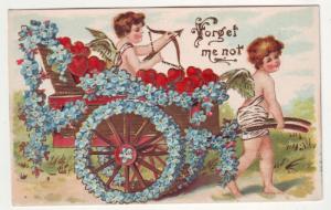 PC32 JL postcard old pc hearts flowers wagon cupid embossed, forget me not