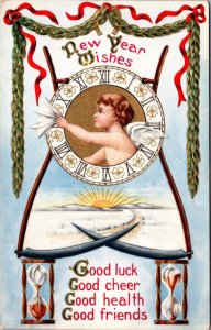 New Year Postcard Cherub Baby Cleaning a Clock Hourglass Scythe