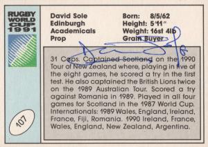 David Sole Scotland Hand Signed Rugby 1991 World Cup Card Photo