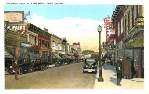 Lynbrook Long Island NY Atlantic Ave. Storefronts Old Cars, Postcard. 