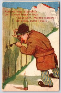 Old Drunk Man Want's To Open The Door Holding Key Comic Card Postcard