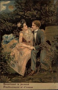 PFB No. 3951 French Verse Beautiful Couple Moonlight Embossed Romance c1910 PC