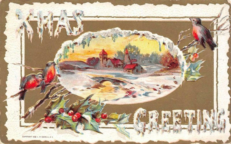 Holiday XMAS GREETING Christmas~Snowy Farm~Birds~Holly c1910's Embossed Postcard