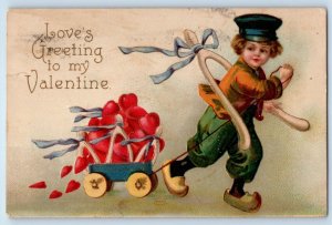 Valentine Greeting Dutch Boy Pulling Little Wagon Wishbone Clapsaddle Postcard