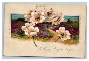 Vintage 1910 Tuck's Easter Postcard Pink Flowers over Valley - Silver Lettering