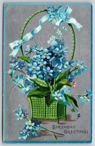 Greetings~Birthday~Forget Me Nots In Green Basket~Gray Bkgd~PM 1909 Postcard