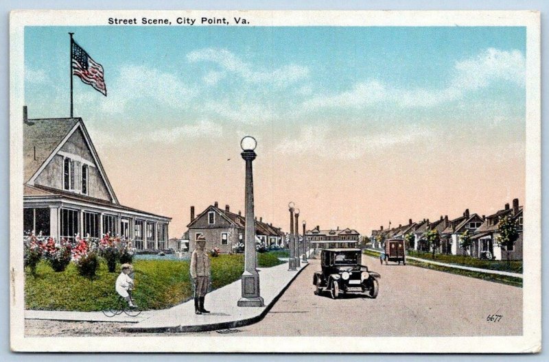 1920's CITY POINT VIRGINIA STREET SCENE*NOW HOPEWELL VA*AMERICAN FLAG*OLD CARS