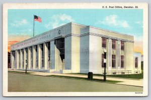 Decatur Illinois~US Post Office From Street~Vintage Linen Postcard