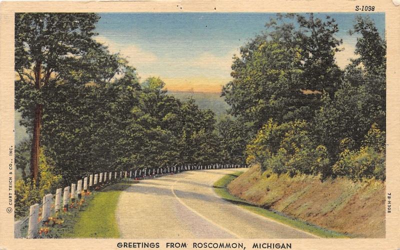 Roscommon Michigan~Looking Down Turn on Country Road~1947 Postcard