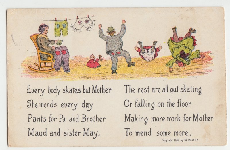 P2563 old comedy postcard everyone skates like mother she mends etc read