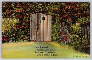 Forlorn And Gray Outhouse Poem, Privy Humor, Vintage 1940 Linen Postcard, NOS