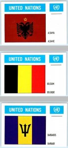 3 Postcards UNITED NATIONS Flags of ALBANIA, BELGIUM, BARBADOS 4x 6