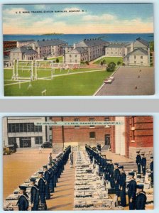 2 Postcards NEWPORT, RI ~ Naval Training Center BARRACKS, BAG INSPECTION 1940s