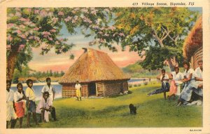 Linen Postcard Sigatoka Fiji Villagers in Western Dress South Pacific