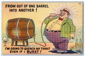 c1930's Fat Boy Drinking Beer Barell Into Another Comic Humor Vintage Postcard 