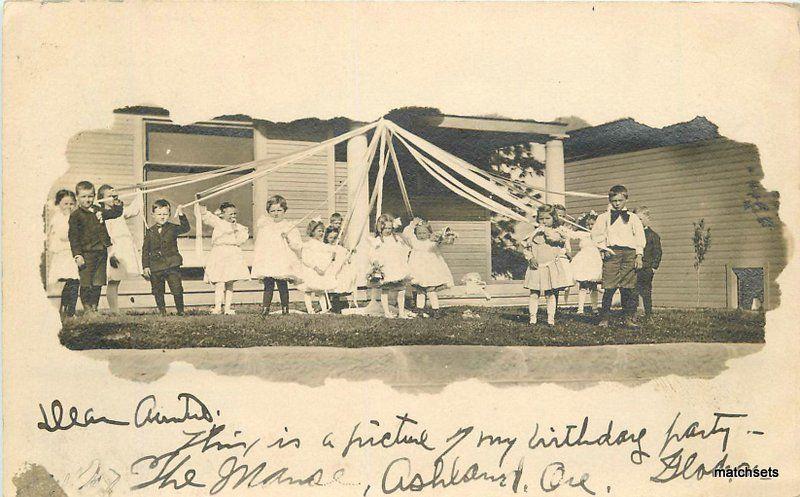 1907 Manse Children's Birthday Party Ribbon Pole RPPC real Photo 11290