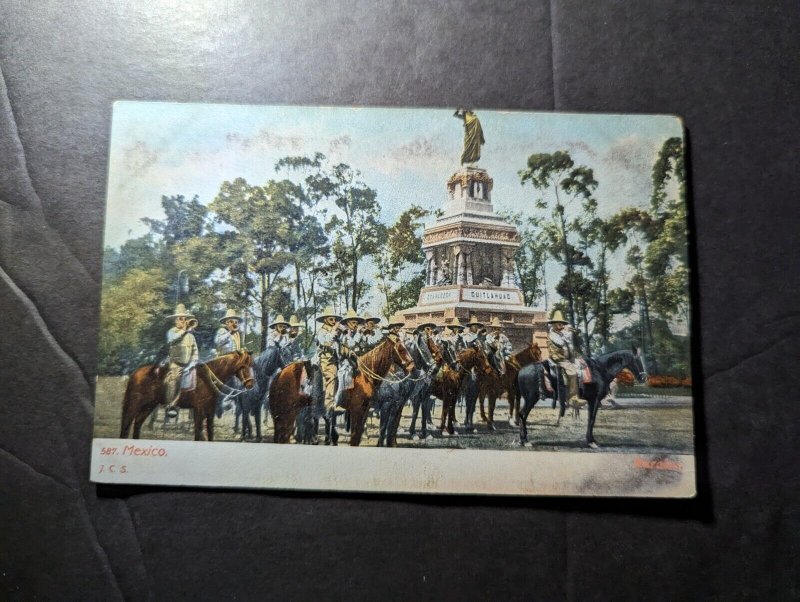 Mint Mexico PPC Postcard Mexican Military Troops Cavalry Horses by Statue