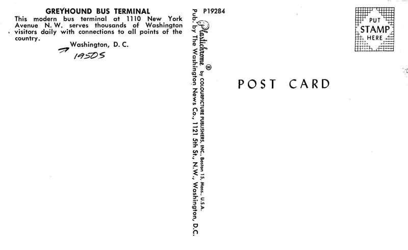 Postcard 1950s Washington DC Greyhound Bus Terminal Autos Occupational DC24-3050