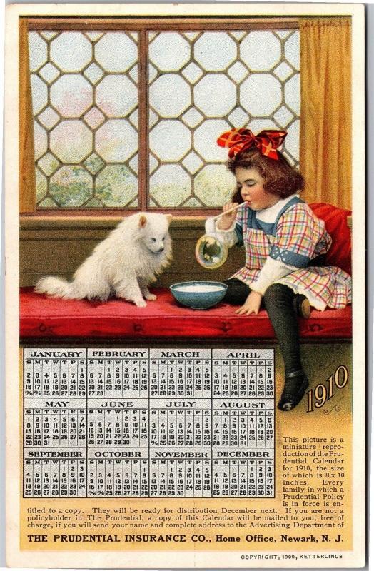 Girl Blowing Bubbles, Prudential Ins Calendar 1910 Advert Vintage Postcard Y05
