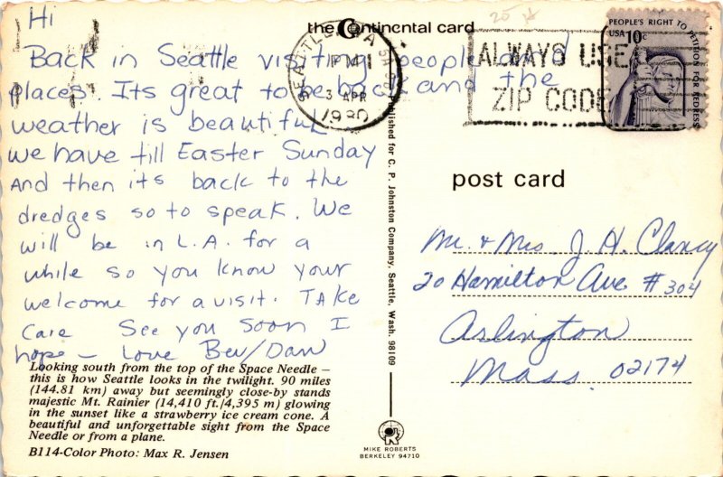 Seattle, Mt. Rainier, Space Needle, Washington state, vibrant culture Postcard