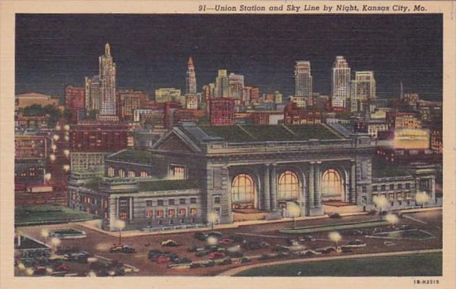 Missouri Kansas City Union Station and Skyline At Night Curteich