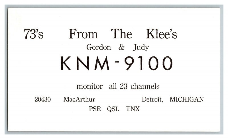 QSL Radio Card From Detroit Michigan KNM - 9100