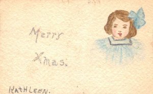 Christmas Greetings Girl in Blue Painted Hand Made Vintage Postcard AA71189