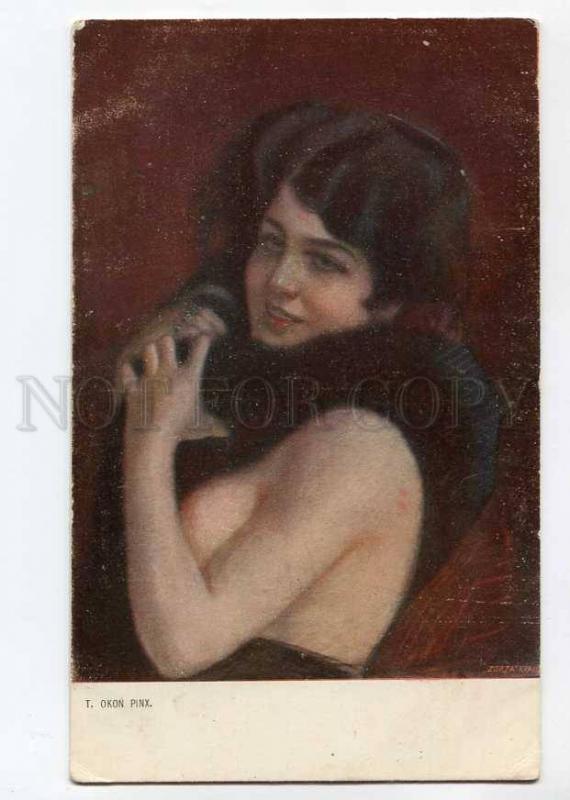 264567 NUDE BELLE Woman in Black FUR by OKON vintage PC