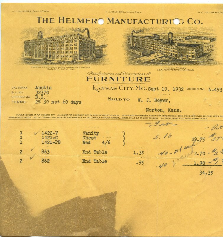 The Hellmer Manufacturing Co. Kansas City, Mo. Vtg. September 19, 1932 Invoice 