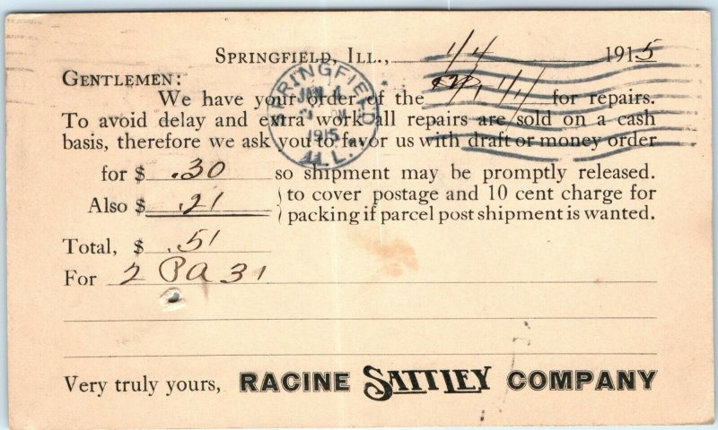 1915 Racine Sattley Repair Invoice Receipt Postcard Letterhead Springfield A59