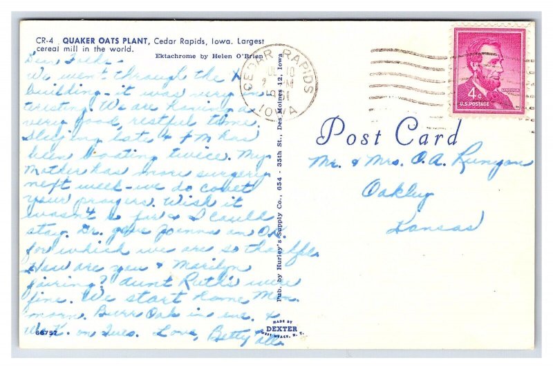 Postcard Quaker Oats Plant Cedar Rapids Iowa c1961 Postmark