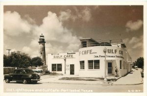 Postcard RPPC 1940s Texas Port Isabel Lighthouse Gulf Cafe autos 23-11101