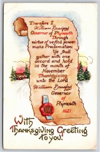 Holiday~Thanksgiving Greetings~Governor Of Plymouth Parchment~PM 1912~Postcard