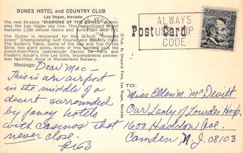 Blackjack DUNES HOTEL & COUNTRY CLUB Las Vegas, NV Casino 1966 Vintage Postcard