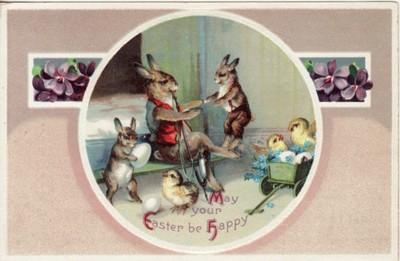 Easter   DRESSED RABBITS - Father with Pipe, Chicks & Bun...